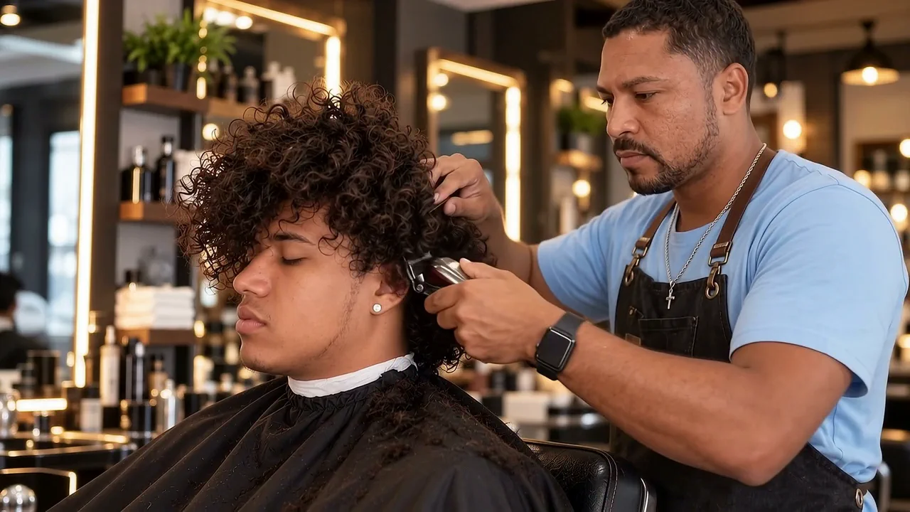 Cabelo cacheado volumoso no início do corte