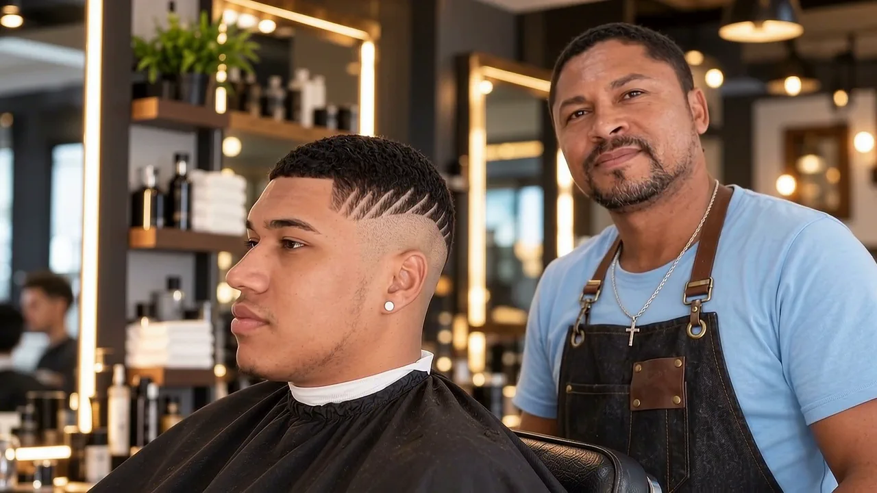 Cliente com o corte finalizado, degradê e desenho na lateral